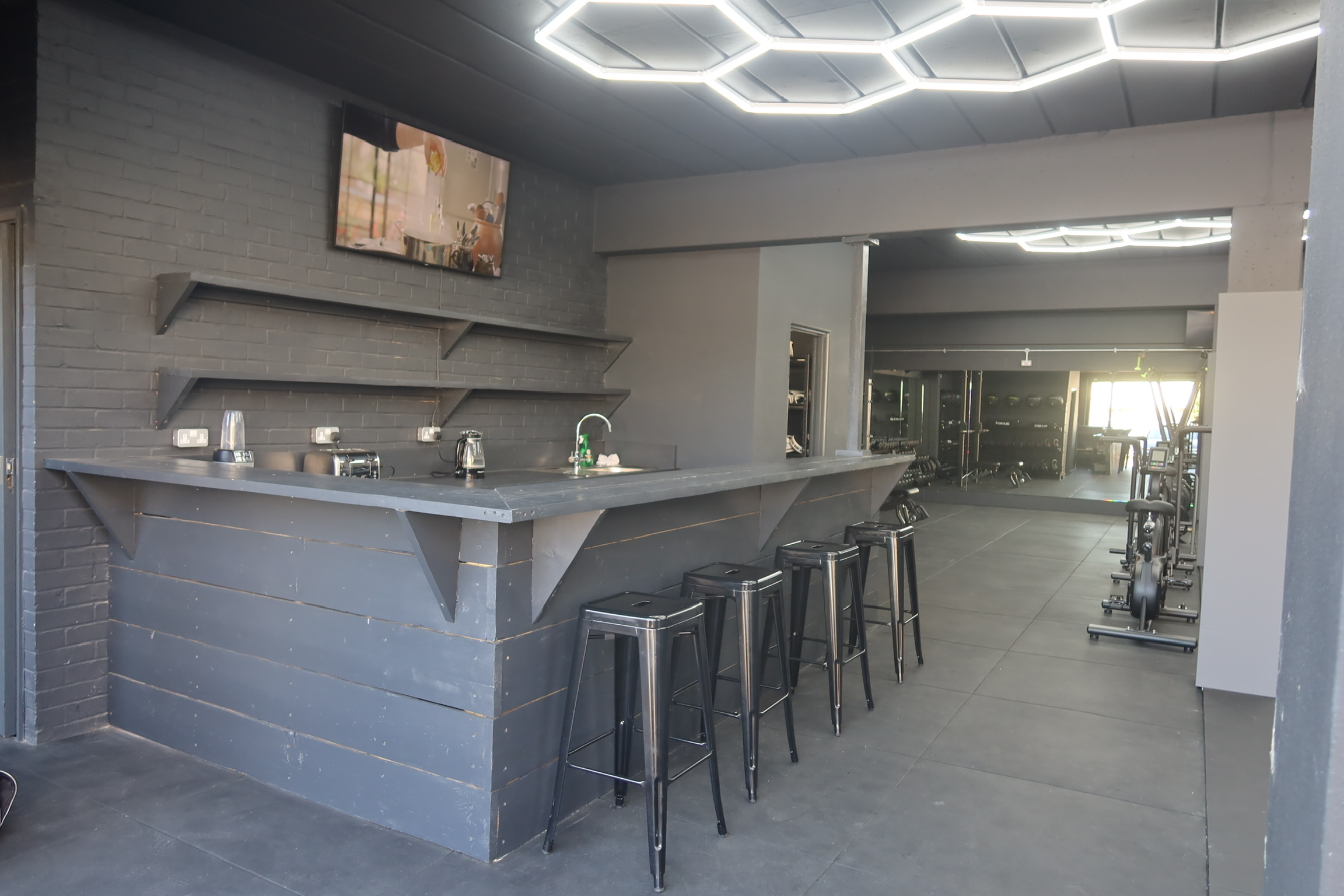 The protein bar and seating area